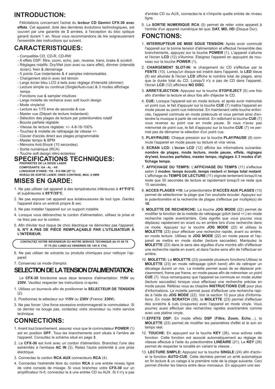 Introduction, Caracteristiques, Specifications techniques | Mises en garde, Selection de latension d'alimentation, Connections, Fonctions | Gemini CFX-30 User Manual | Page 13 / 16