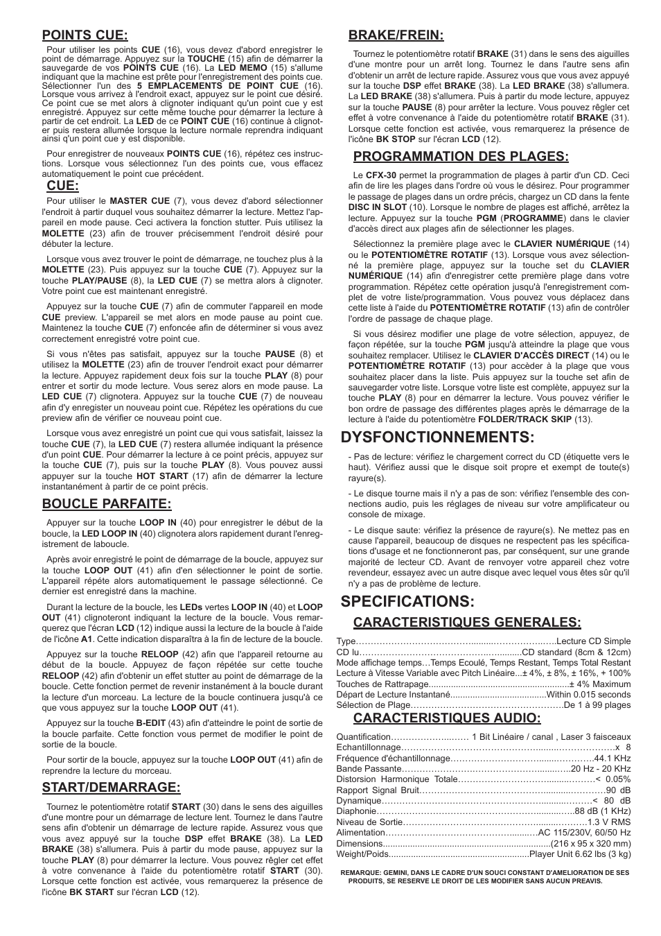 Dysfonctionnements, Specifications, Points cue | Boucle parfaite, Start/demarrage, Brake/frein, Programmation des plages, Caracteristiques generales, Caracteristiques audio | Gemini CFX-30 User Manual | Page 15 / 16
