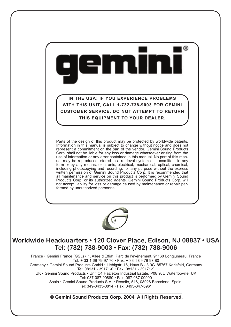 Gemini CFX-30 User Manual | Page 16 / 16