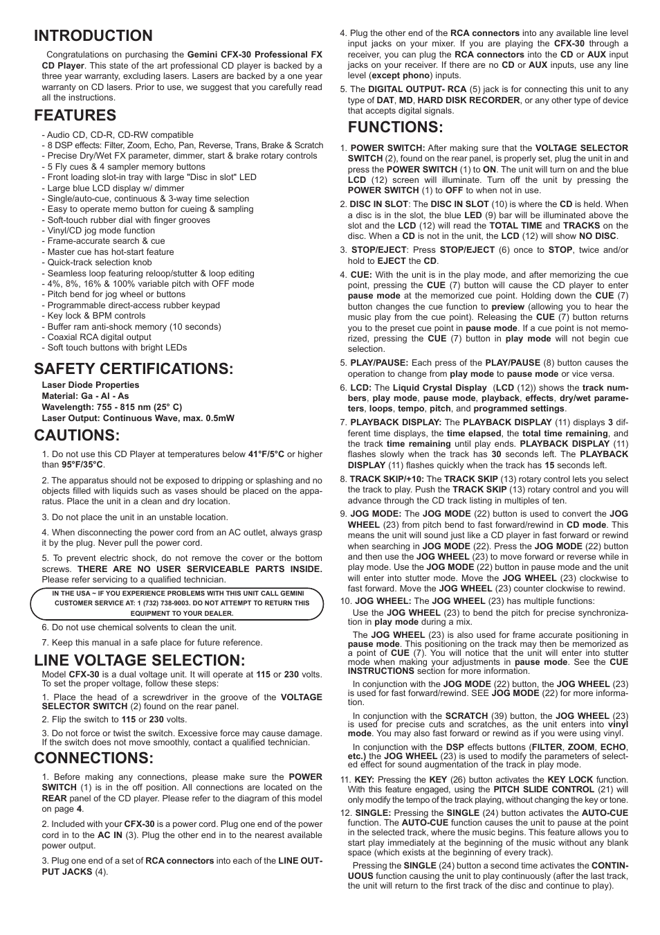Introduction, Features, Safety certifications | Cautions, Line voltage selection, Connections, Functions | Gemini CFX-30 User Manual | Page 4 / 16