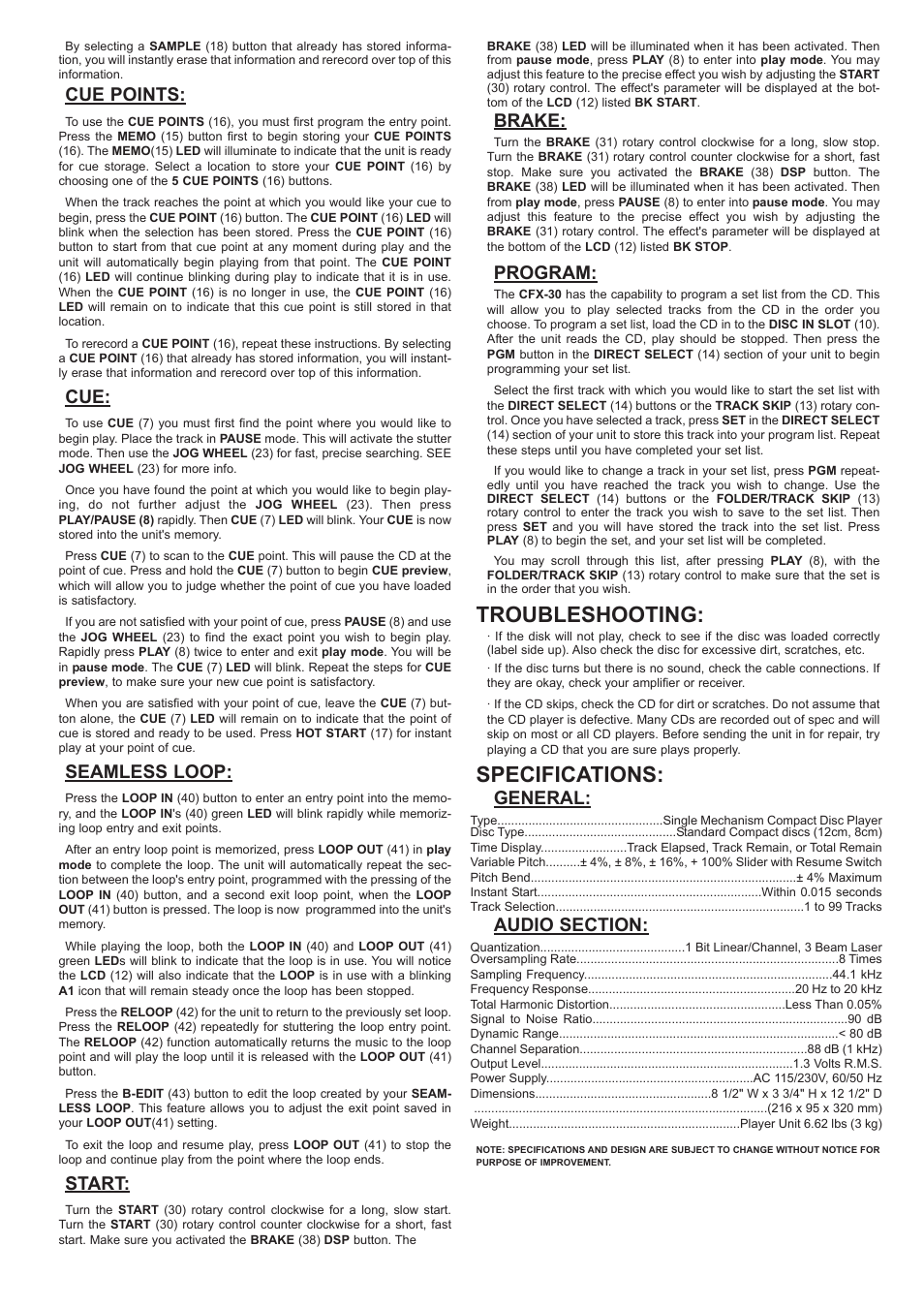 Troubleshooting, Specifications, Cue points | Seamless loop, Start, Brake, Program, General | Gemini CFX-30 User Manual | Page 6 / 16