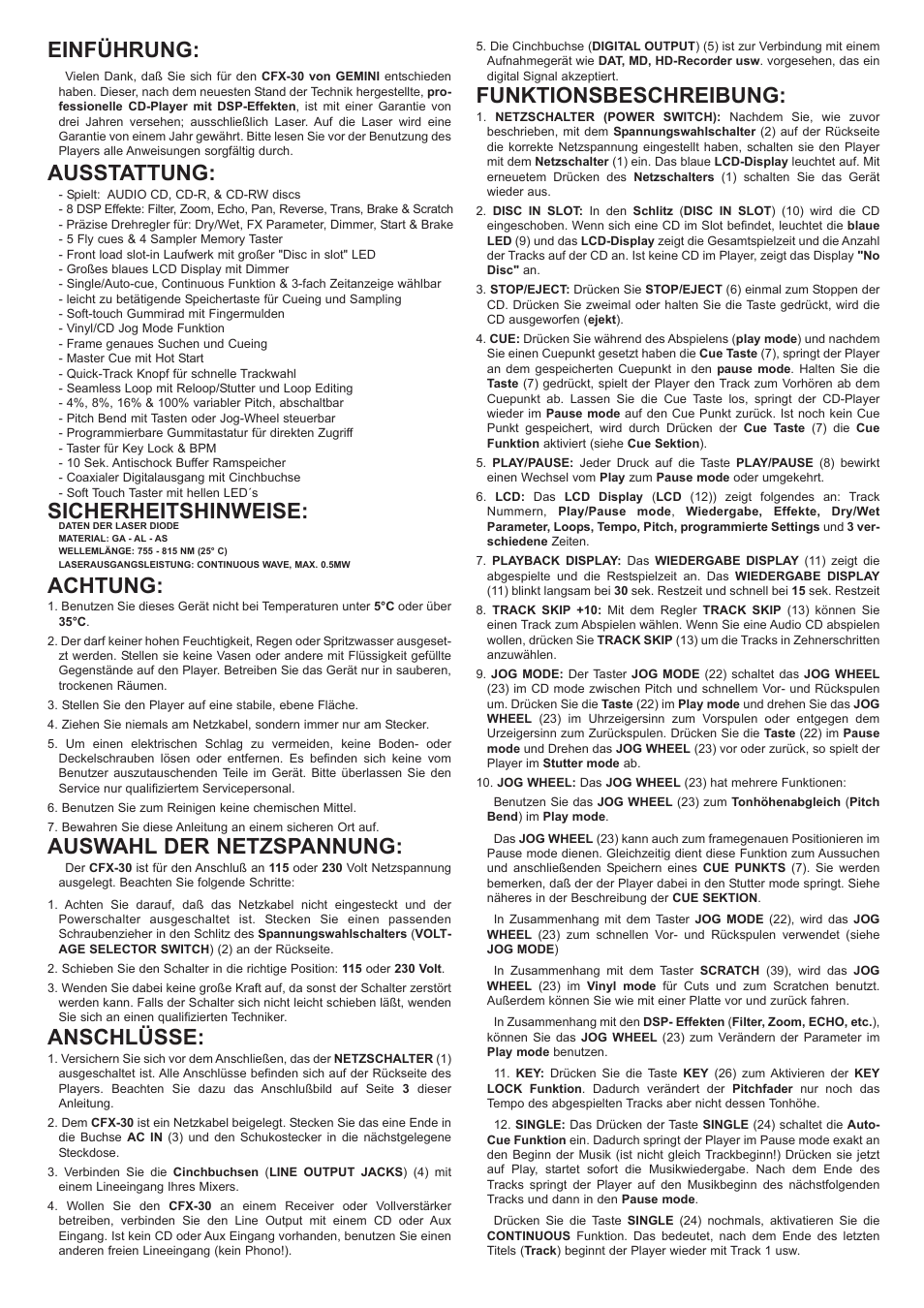 Einführung, Ausstattung, Sicherheitshinweise | Achtung, Auswahl der netzspannung, Anschlüsse, Funktionsbeschreibung | Gemini CFX-30 User Manual | Page 7 / 16