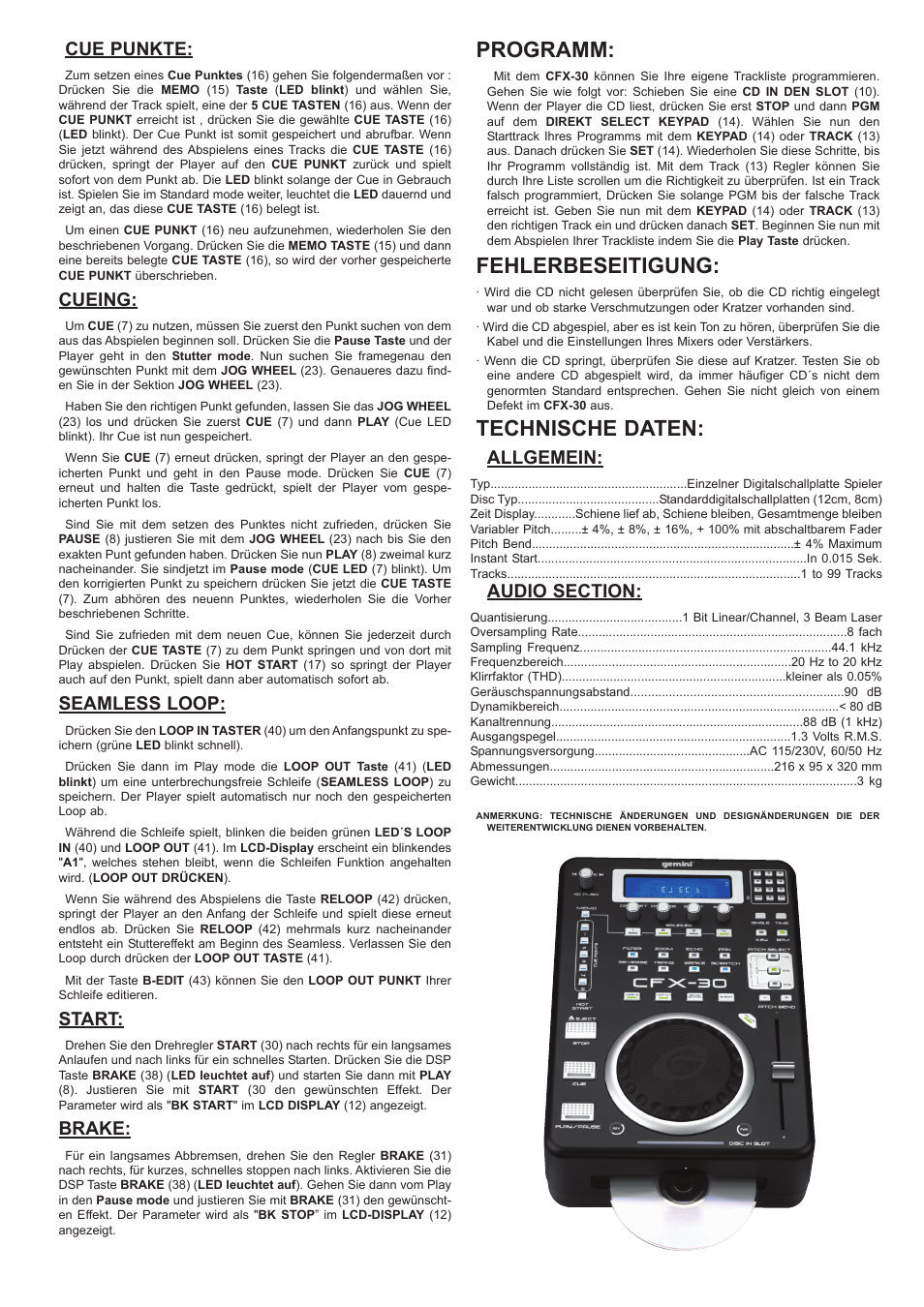 Programm, Fehlerbeseitigung, Technische daten | Cue punkte, Cueing, Seamless loop, Start, Brake, Allgemein | Gemini CFX-30 User Manual | Page 9 / 16