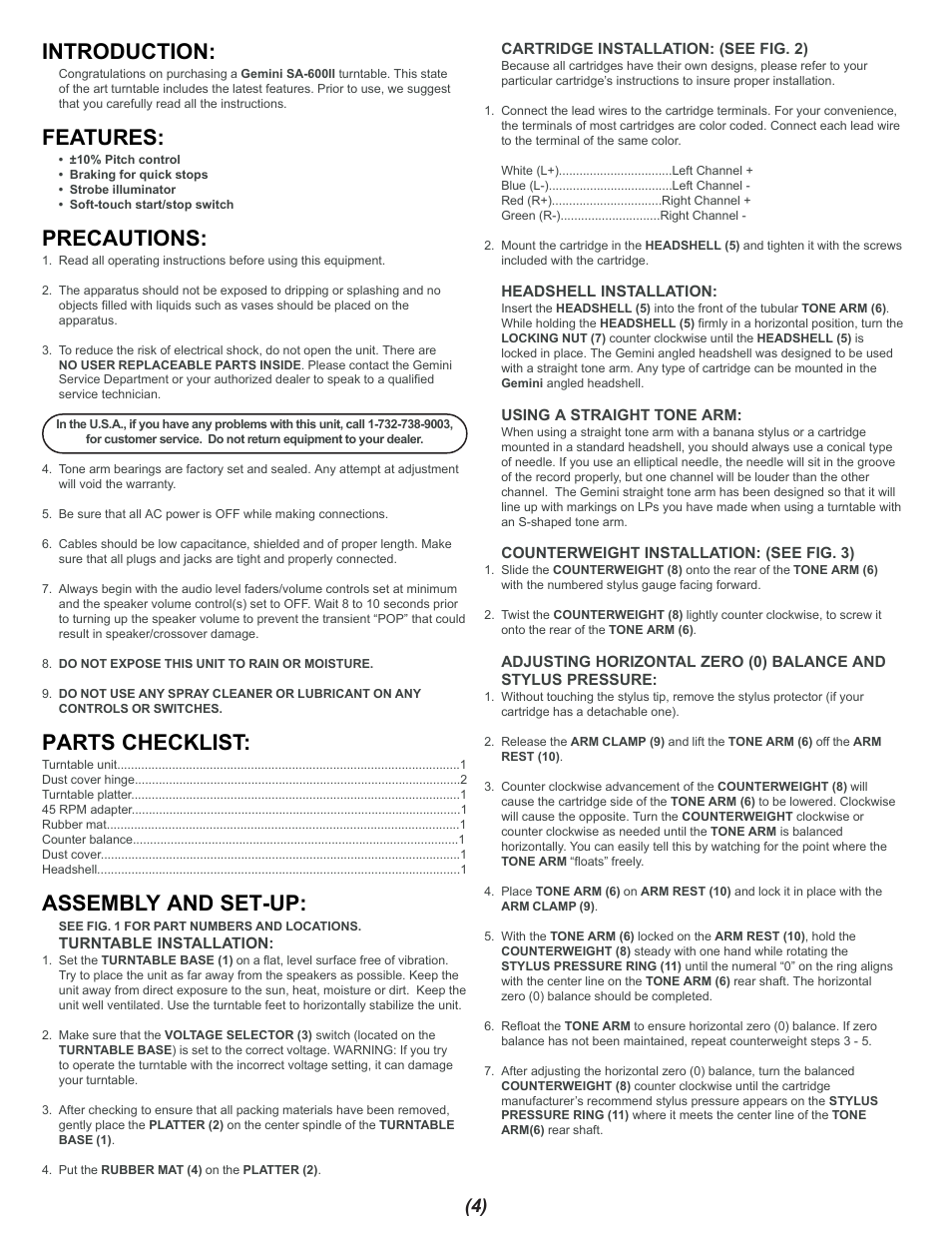 Introduction, Features, Precautions | Parts checklist, Assembly and set-up | Gemini SA-600II User Manual | Page 4 / 12