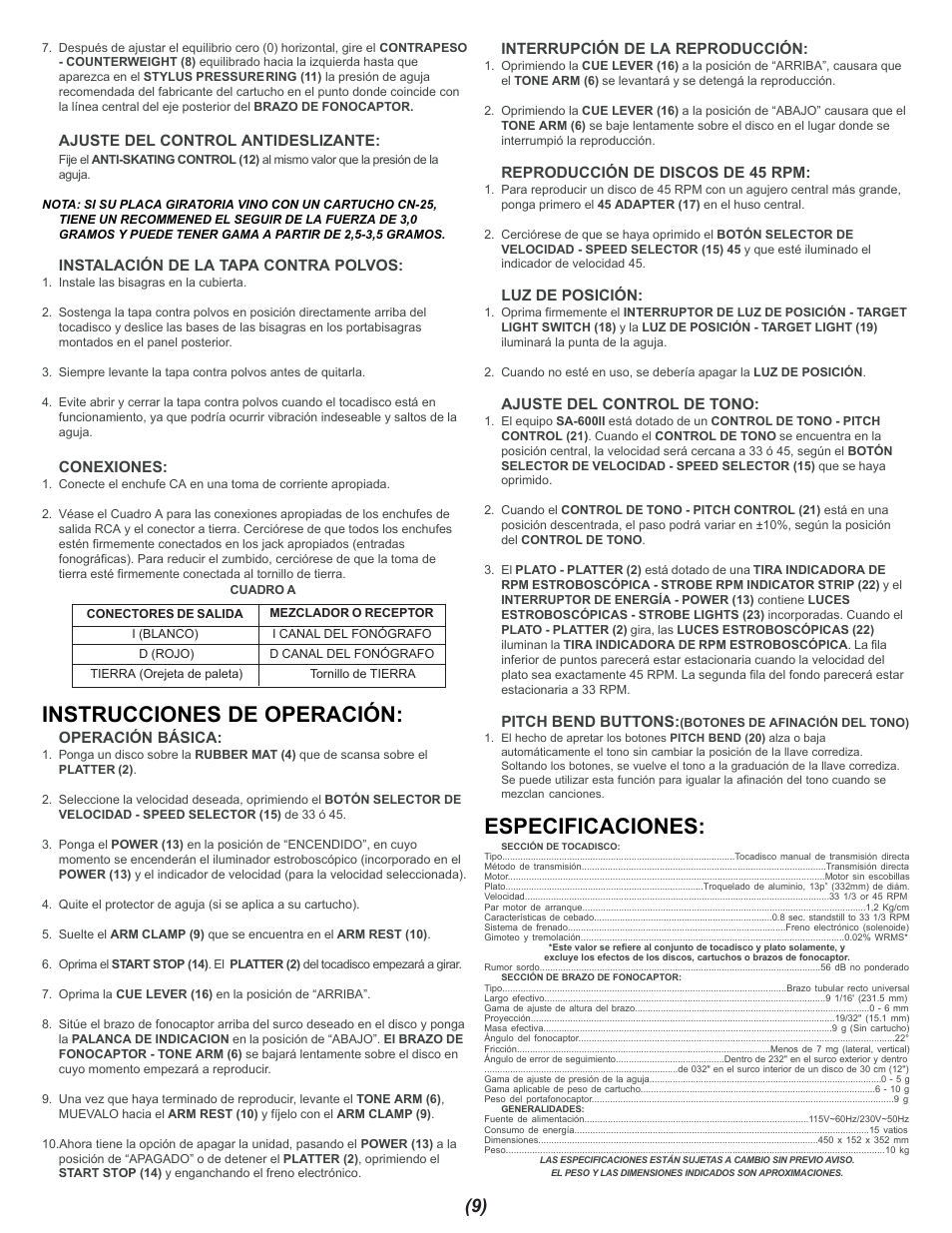 Instrucciones de operación, Especificaciones, Ajuste del control antideslizante | Instalación de la tapa contra polvos, Conexiones, Operación básica, Interrupción de la reproducción, Reproducción de discos de 45 rpm, Luz de posición, Ajuste del control de tono | Gemini SA-600II User Manual | Page 9 / 12