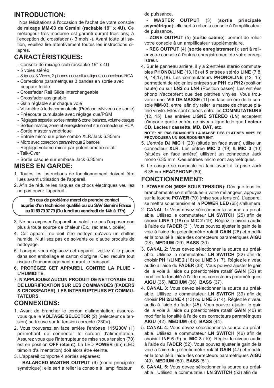 Introduction, Caractéristiques, Mises en garde | Connexions, Fonctionnement | Gemini MM-03 User Manual | Page 10 / 12