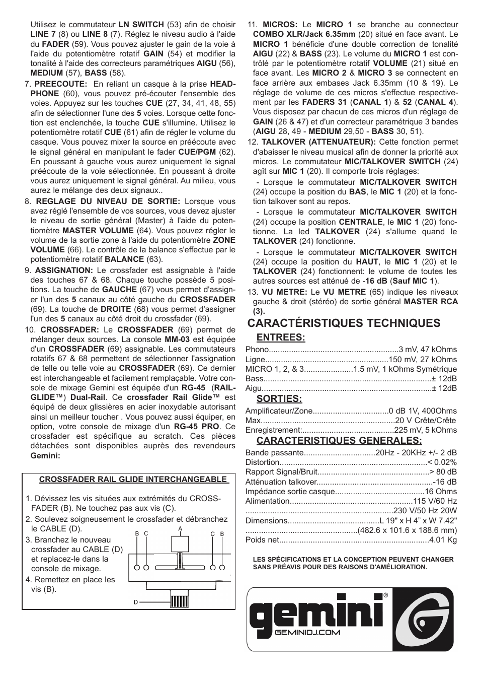Caractéristiques techniques | Gemini MM-03 User Manual | Page 11 / 12