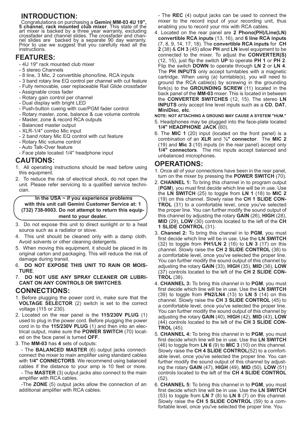 Introduction, Features, Cautions | Connections, Operations | Gemini MM-03 User Manual | Page 4 / 12