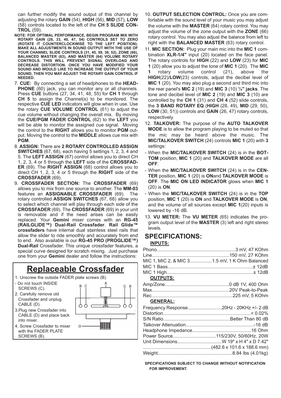 Replaceable crossfader, Specifications | Gemini MM-03 User Manual | Page 5 / 12