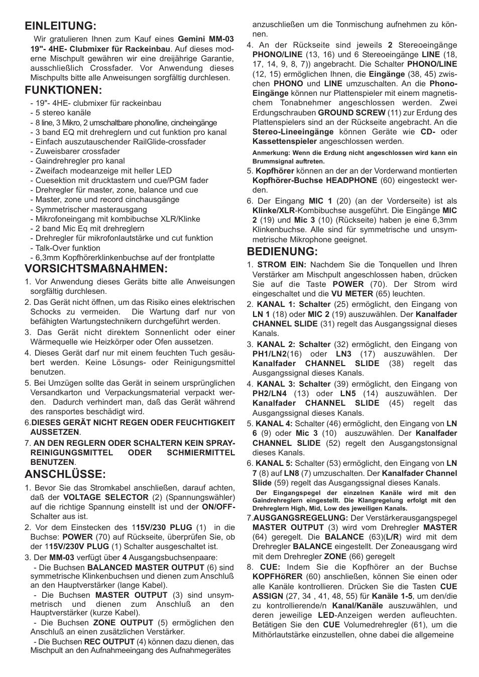 Einleitung, Funktionen, Vorsichtsmaßnahmen | Anschlüsse, Bedienung | Gemini MM-03 User Manual | Page 6 / 12