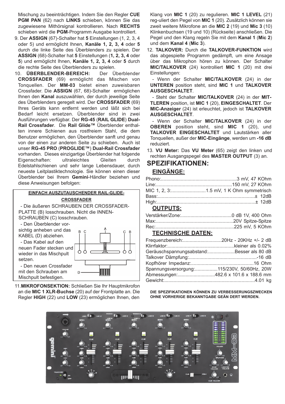 Spezifikationen | Gemini MM-03 User Manual | Page 7 / 12