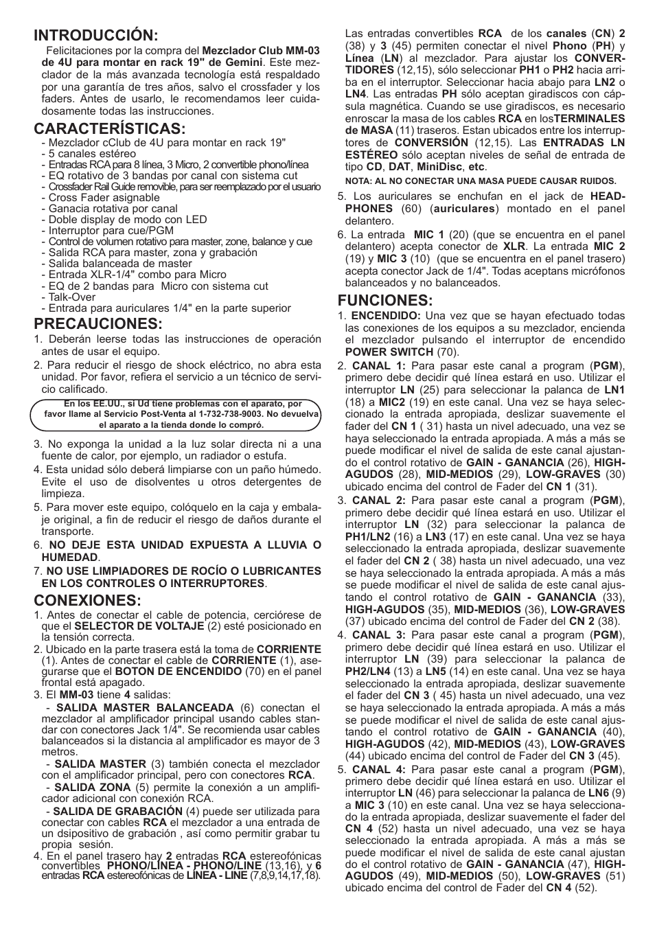 Introducción, Características, Precauciones | Conexiones, Funciones | Gemini MM-03 User Manual | Page 8 / 12