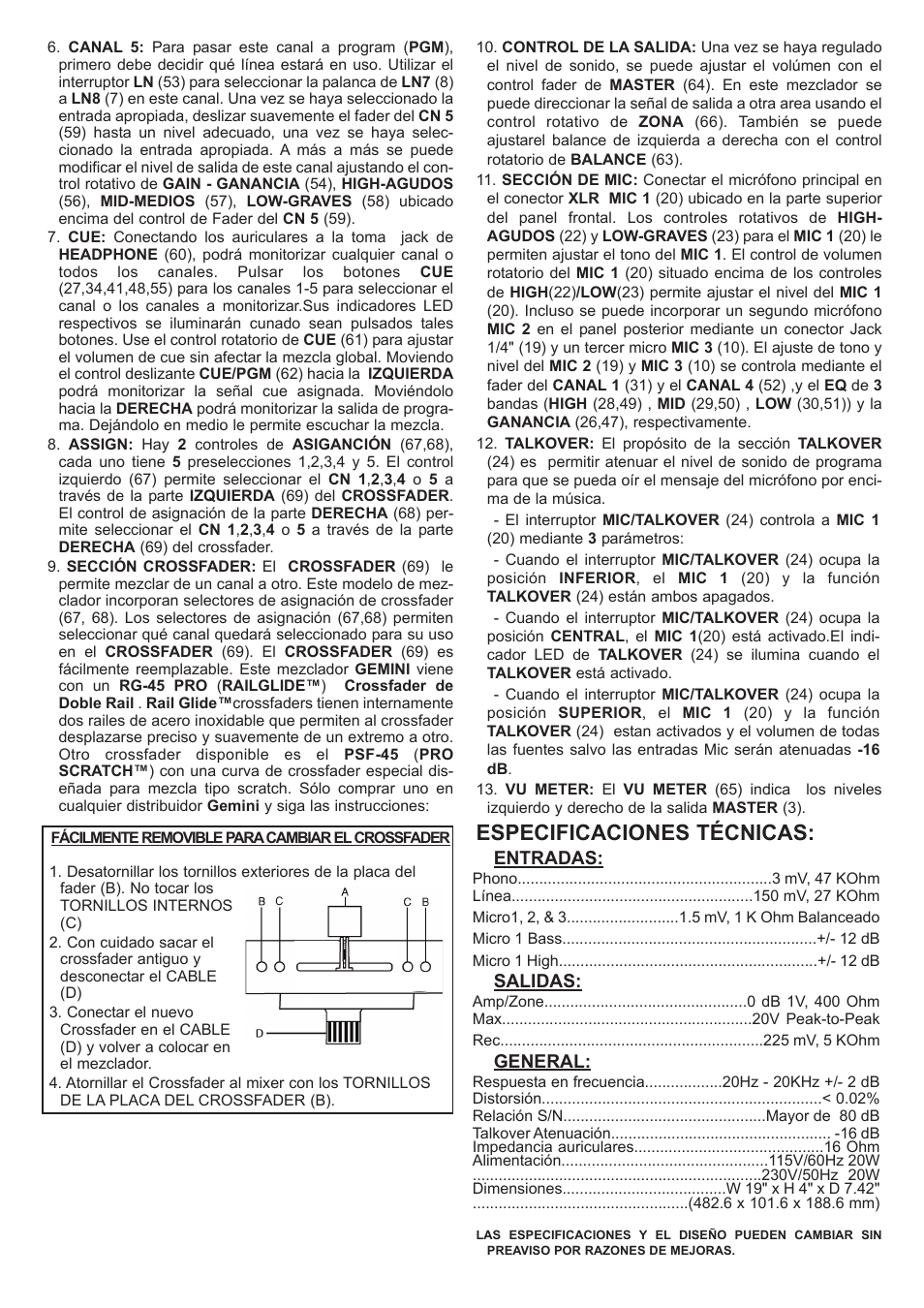 Especificaciones técnicas | Gemini MM-03 User Manual | Page 9 / 12