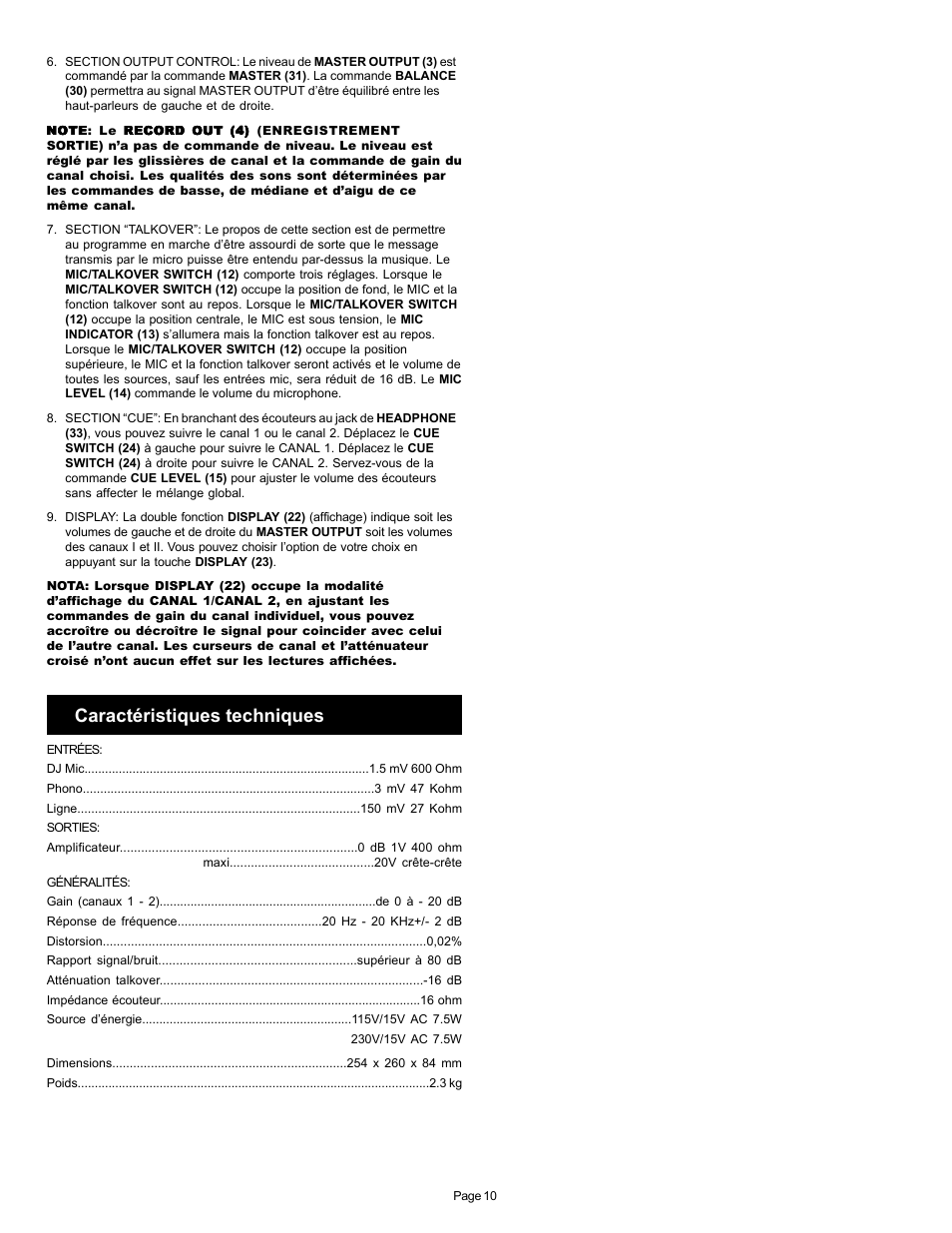 Caractéristiques techniques | Gemini PMX-120 User Manual | Page 10 / 12