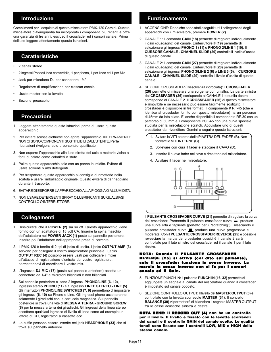 Introduzione, Caratteristiche, Precauzioni | Collegamenti, Funzionamento | Gemini PMX-120 User Manual | Page 11 / 12