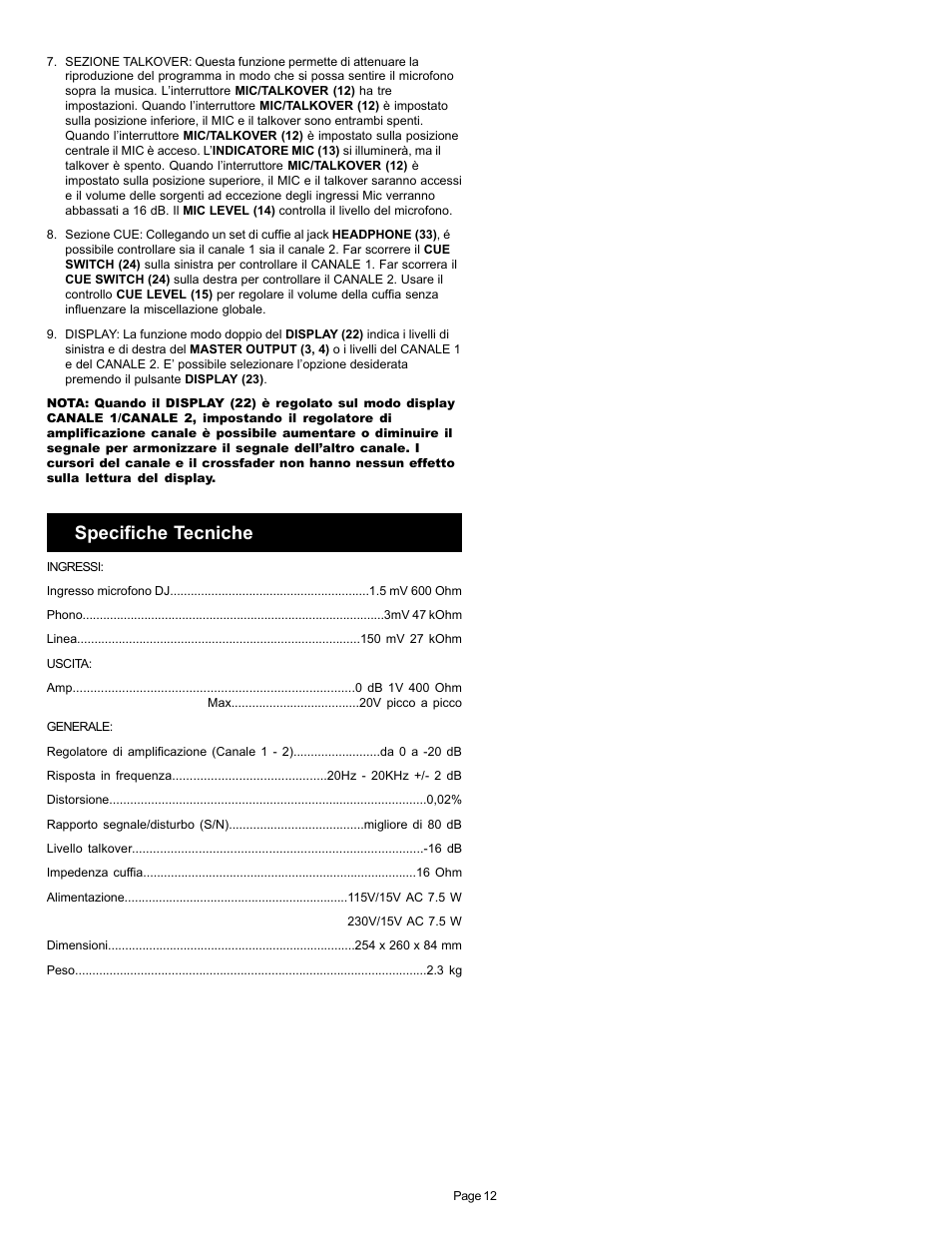 Specifiche tecniche | Gemini PMX-120 User Manual | Page 12 / 12
