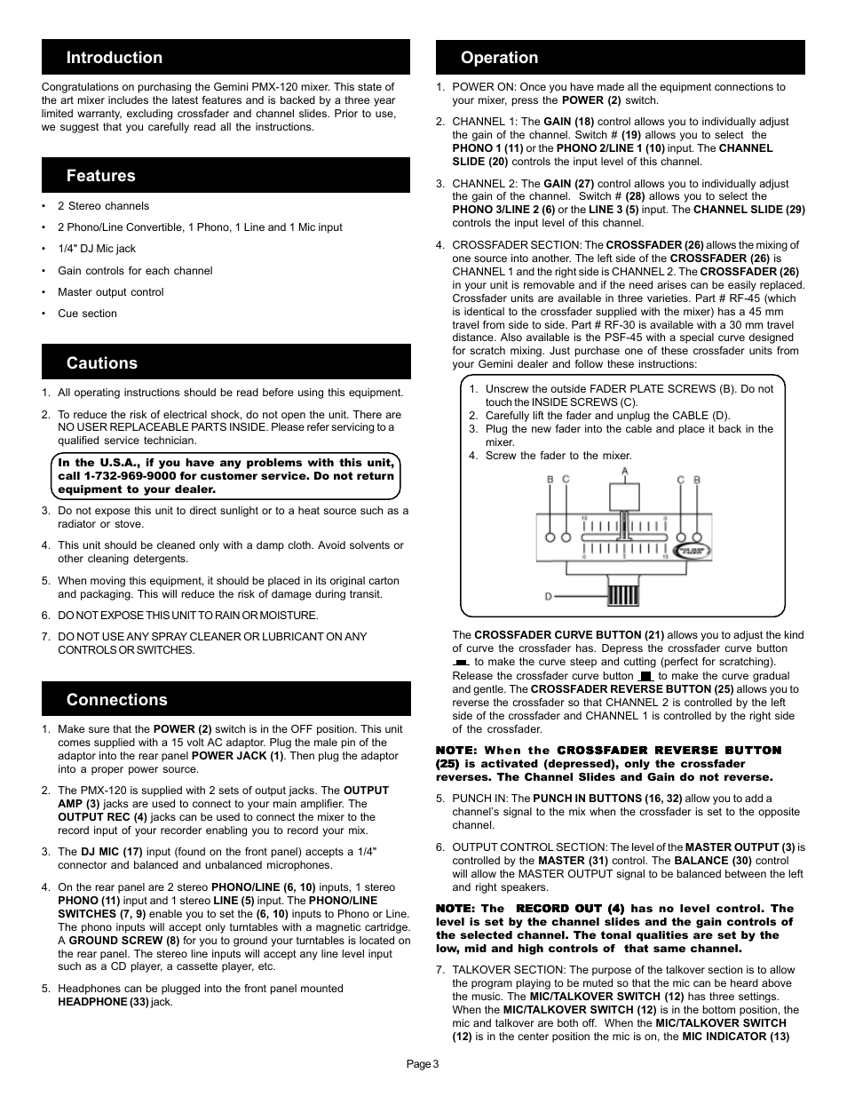 Introduction, Features, Cautions | Connections, Operation | Gemini PMX-120 User Manual | Page 3 / 12