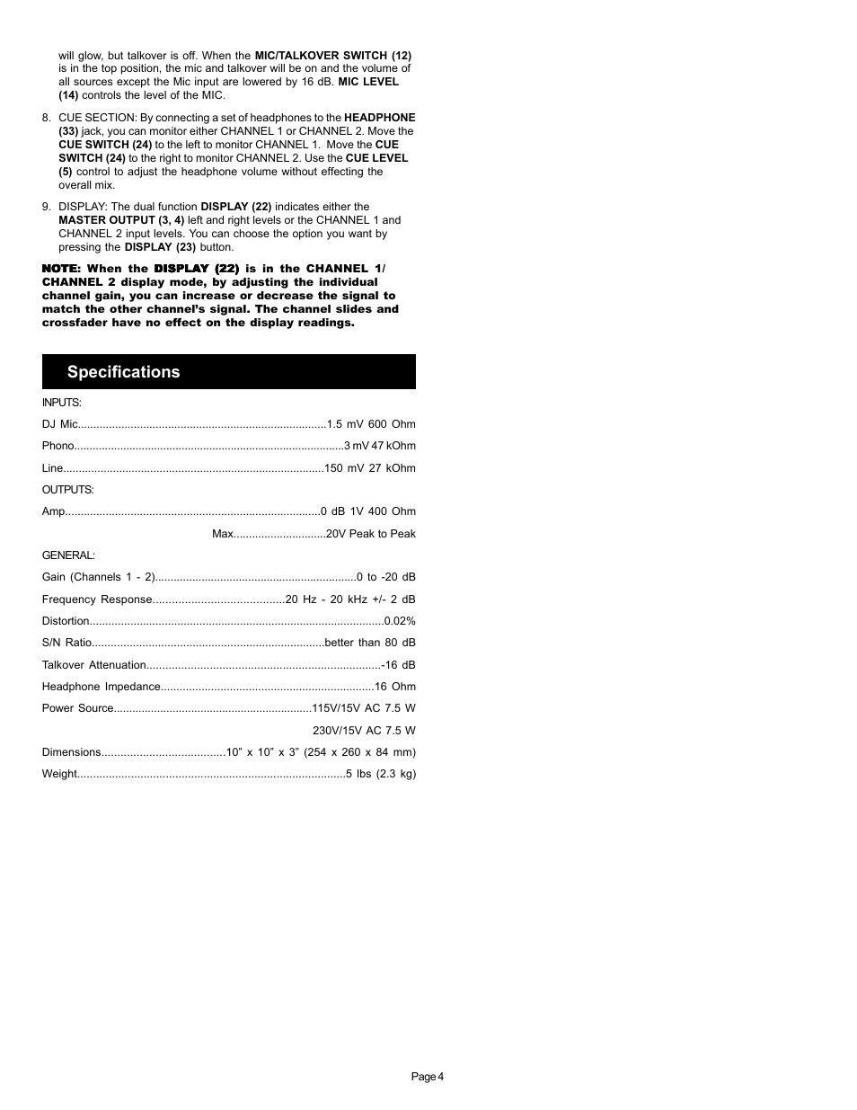 Specifications | Gemini PMX-120 User Manual | Page 4 / 12