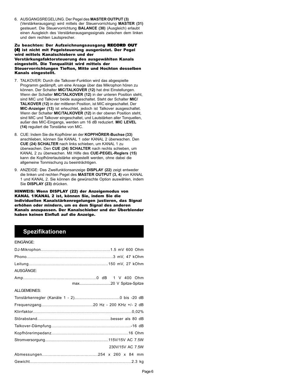 Spezifikationen | Gemini PMX-120 User Manual | Page 6 / 12