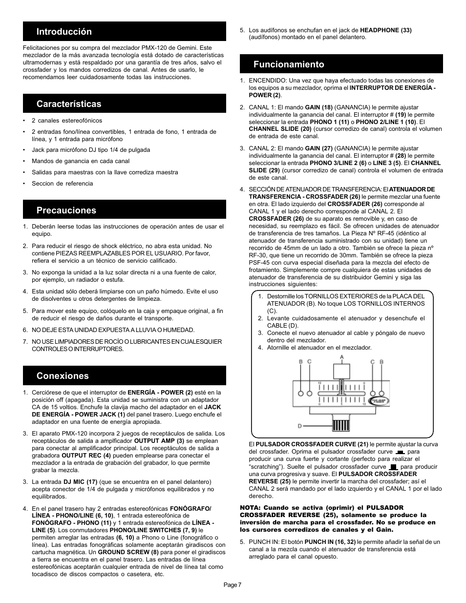 Introducción, Características, Precauciones | Conexiones, Funcionamiento | Gemini PMX-120 User Manual | Page 7 / 12