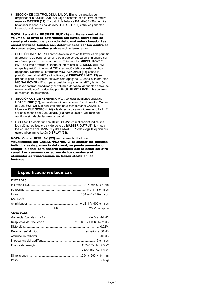 Especificaciones técnicas | Gemini PMX-120 User Manual | Page 8 / 12