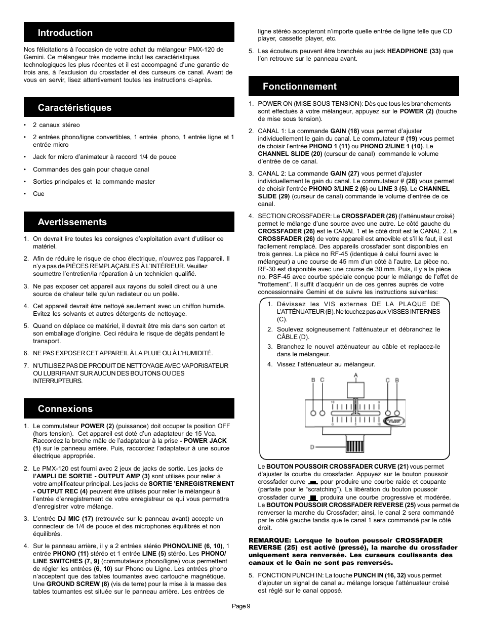 Introduction, Caractéristiques, Avertissements | Connexions, Fonctionnement | Gemini PMX-120 User Manual | Page 9 / 12
