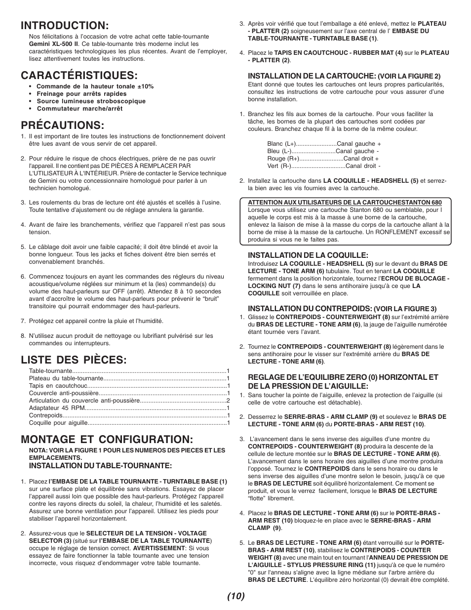 Introduction, Caractéristiques, Précautions | Liste des pièces, Montage et configuration | Gemini XL 500 II XL-500II User Manual | Page 10 / 12