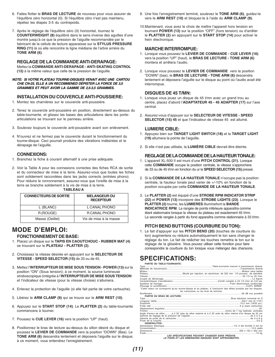 Mode d’emploi, Specifications | Gemini XL 500 II XL-500II User Manual | Page 11 / 12