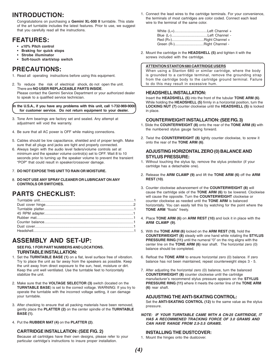 Introduction, Features, Precautions | Parts checklist, Assembly and set-up | Gemini XL 500 II XL-500II User Manual | Page 4 / 12