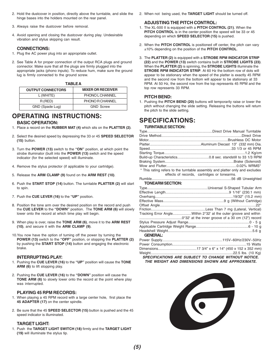 Operating instructions, Specifications | Gemini XL 500 II XL-500II User Manual | Page 5 / 12