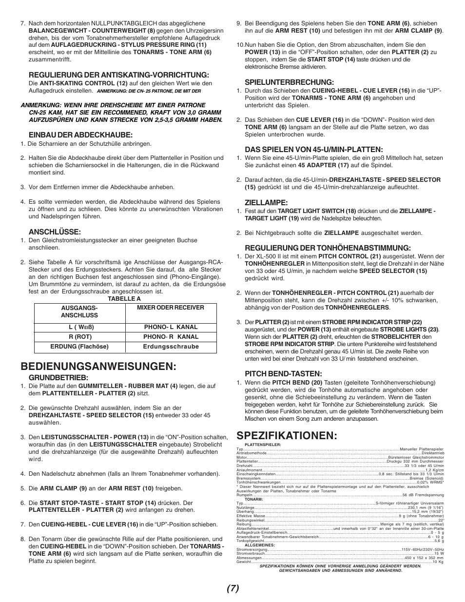 Bedienungsanweisungen, Spezifikationen | Gemini XL 500 II XL-500II User Manual | Page 7 / 12