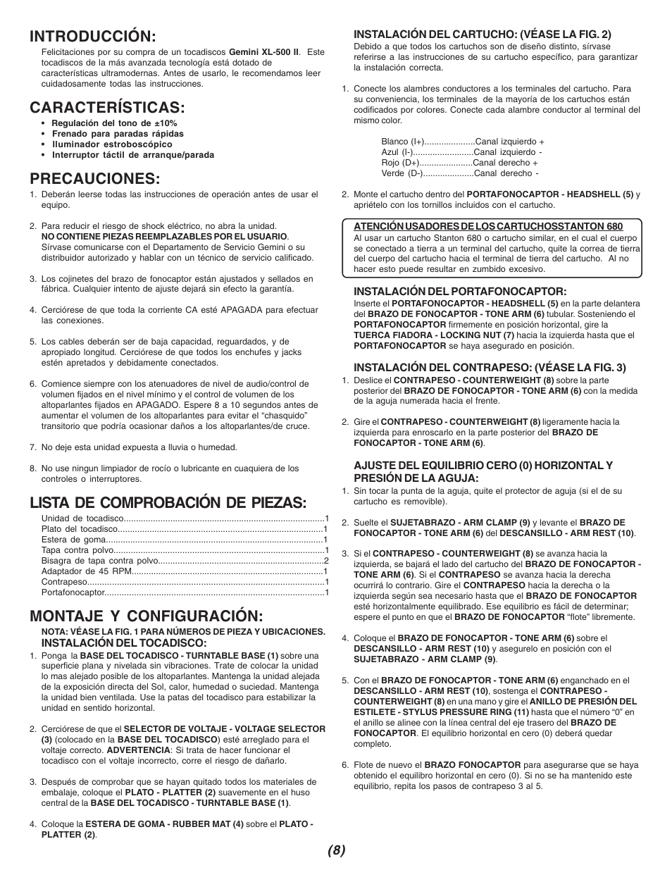 Introducción, Características, Precauciones | Lista de comprobación de piezas, Montaje y configuración | Gemini XL 500 II XL-500II User Manual | Page 8 / 12