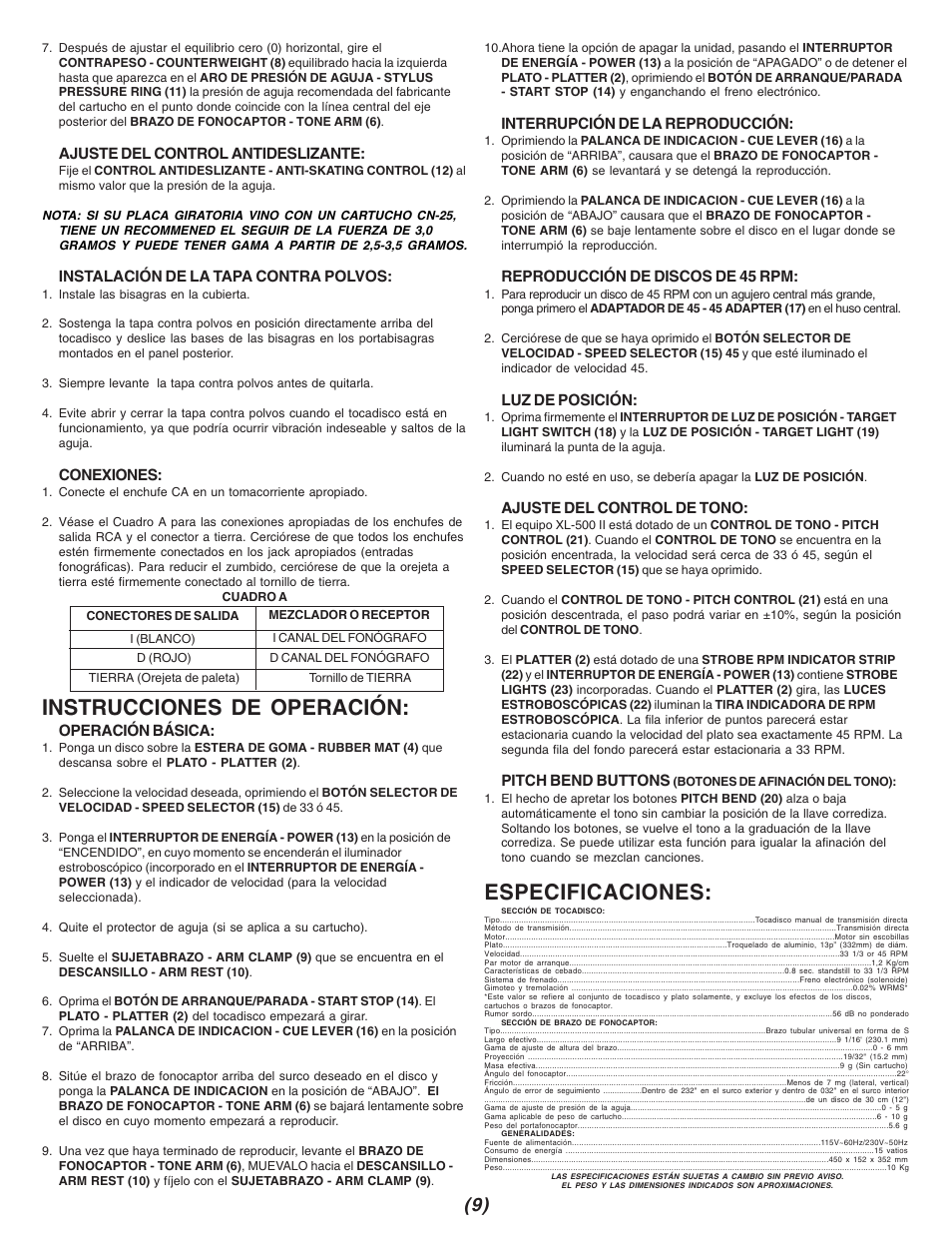 Instrucciones de operación, Especificaciones | Gemini XL 500 II XL-500II User Manual | Page 9 / 12