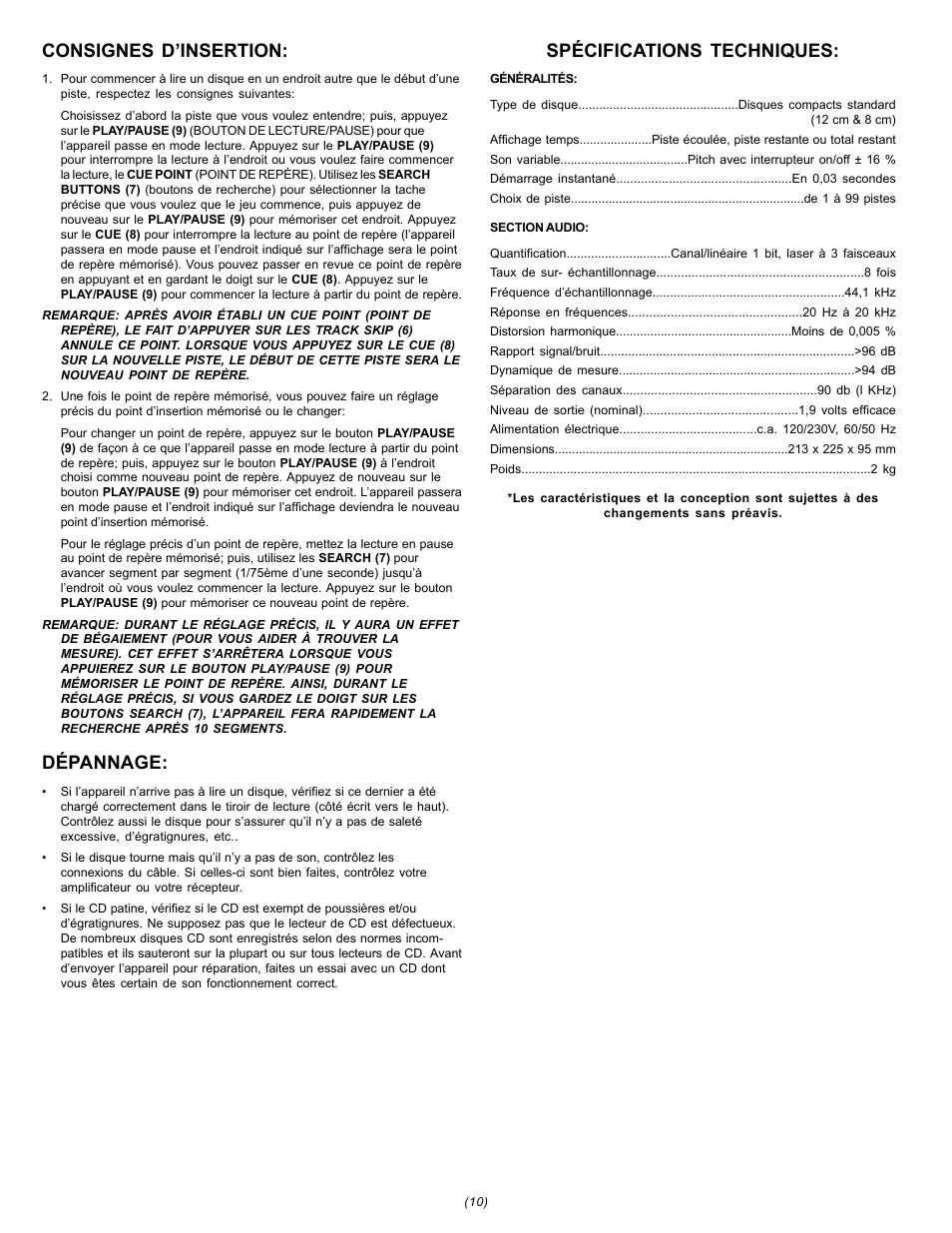 Consignes d’insertion, Dépannage, Spécifications techniques | Gemini CDJ-15 User Manual | Page 10 / 13