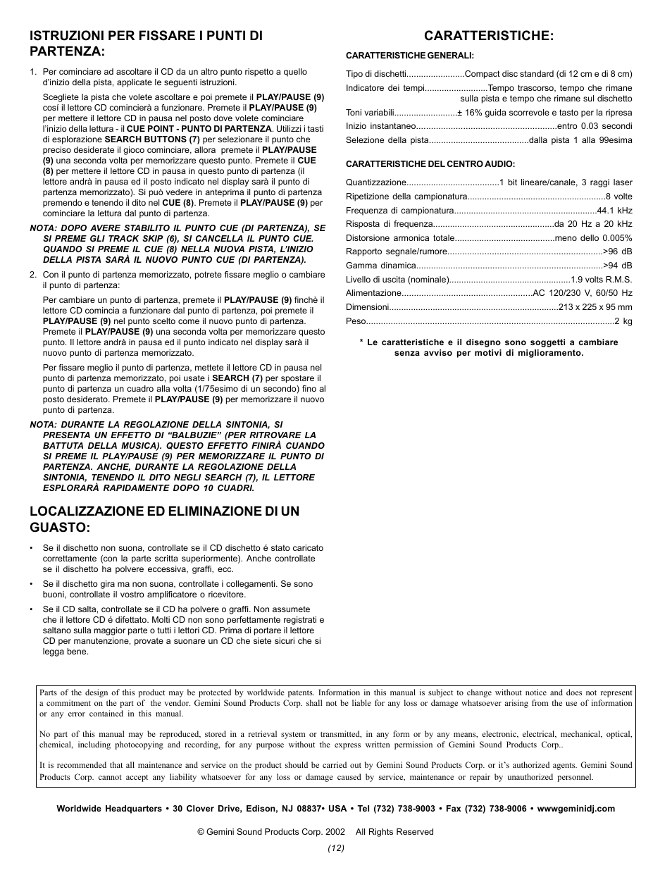 Istruzioni per fissare i punti di partenza, Localizzazione ed eliminazione di un guasto, Caratteristiche | Gemini CDJ-15 User Manual | Page 12 / 13