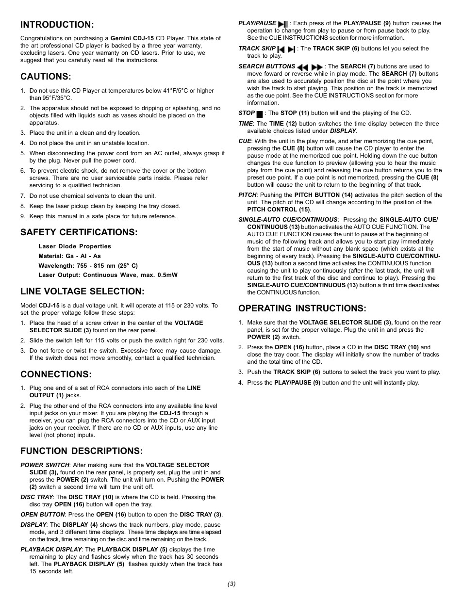 Introduction, Cautions, Safety certifications | Line voltage selection, Connections, Function descriptions, Operating instructions | Gemini CDJ-15 User Manual | Page 3 / 13