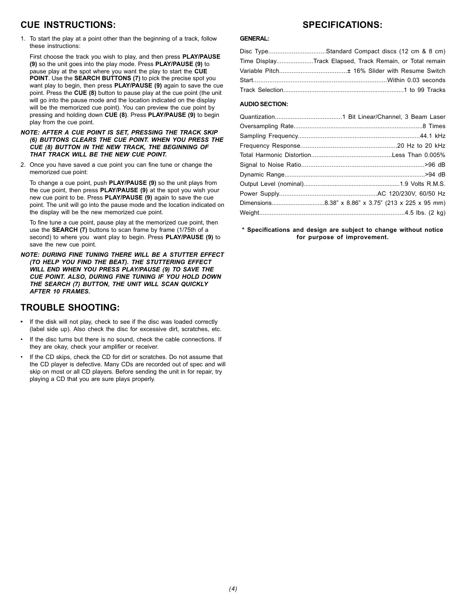 Cue instructions, Trouble shooting, Specifications | Gemini CDJ-15 User Manual | Page 4 / 13