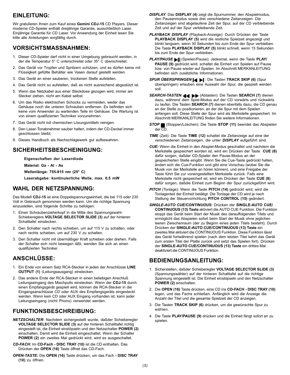 Einleitung, Vorsichtsmassnahmen, Sicherheitsbescheinigung | Wahl der netzspannung, Anschlüsse, Funktionsbeschreibung, Bedienungsanleitung | Gemini CDJ-15 User Manual | Page 5 / 13