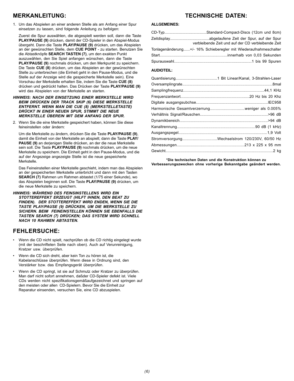 Merkanleitung, Fehlersuche, Technische daten | Gemini CDJ-15 User Manual | Page 6 / 13