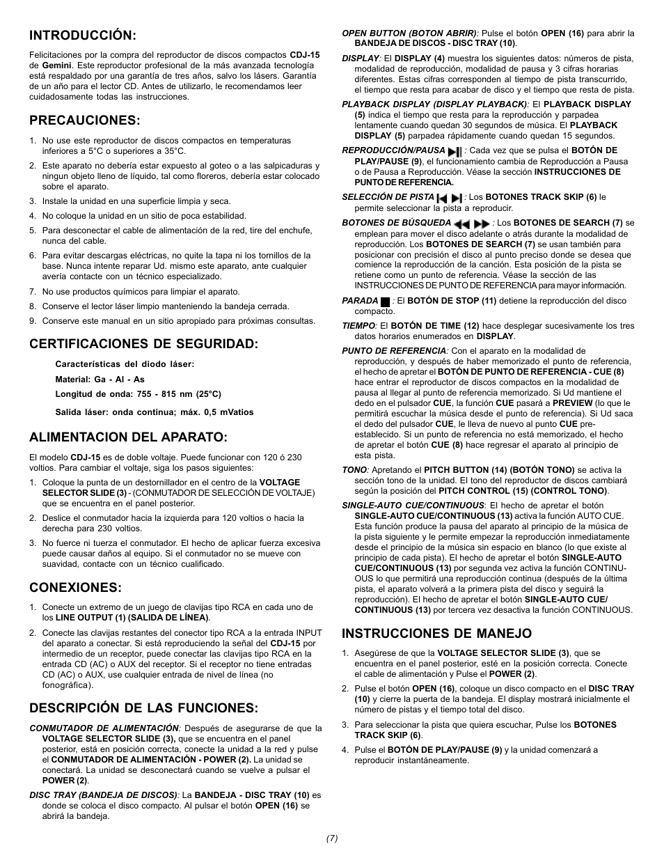 Introducción, Precauciones, Certificaciones de seguridad | Alimentacion del aparato, Conexiones, Descripción de las funciones, Instrucciones de manejo | Gemini CDJ-15 User Manual | Page 7 / 13