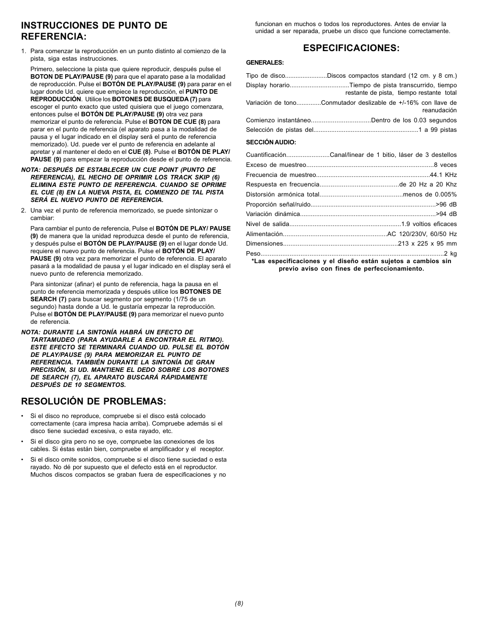 Instrucciones de punto de referencia, Resolución de problemas, Especificaciones | Gemini CDJ-15 User Manual | Page 8 / 13