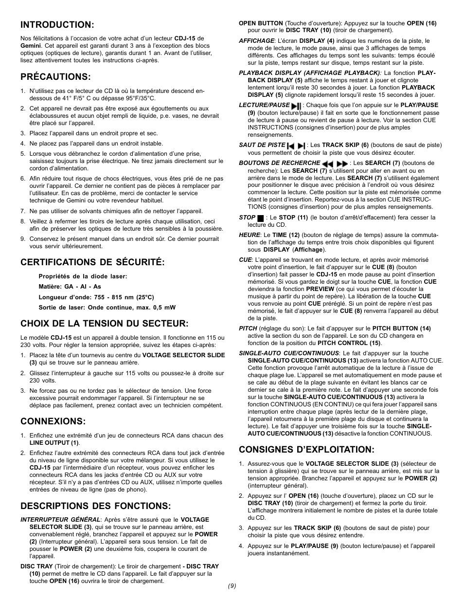 Introduction, Précautions, Certifications de sécurité | Choix de la tension du secteur, Connexions, Descriptions des fonctions, Consignes d’exploitation | Gemini CDJ-15 User Manual | Page 9 / 13