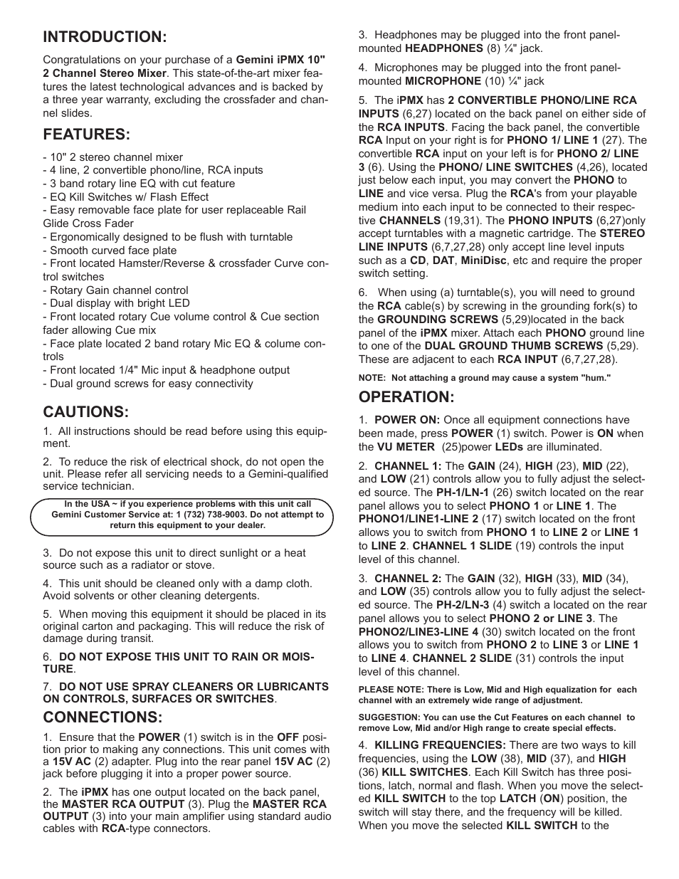 Introduction, Features, Cautions | Connections, Operation | Gemini IPMX User Manual | Page 4 / 12