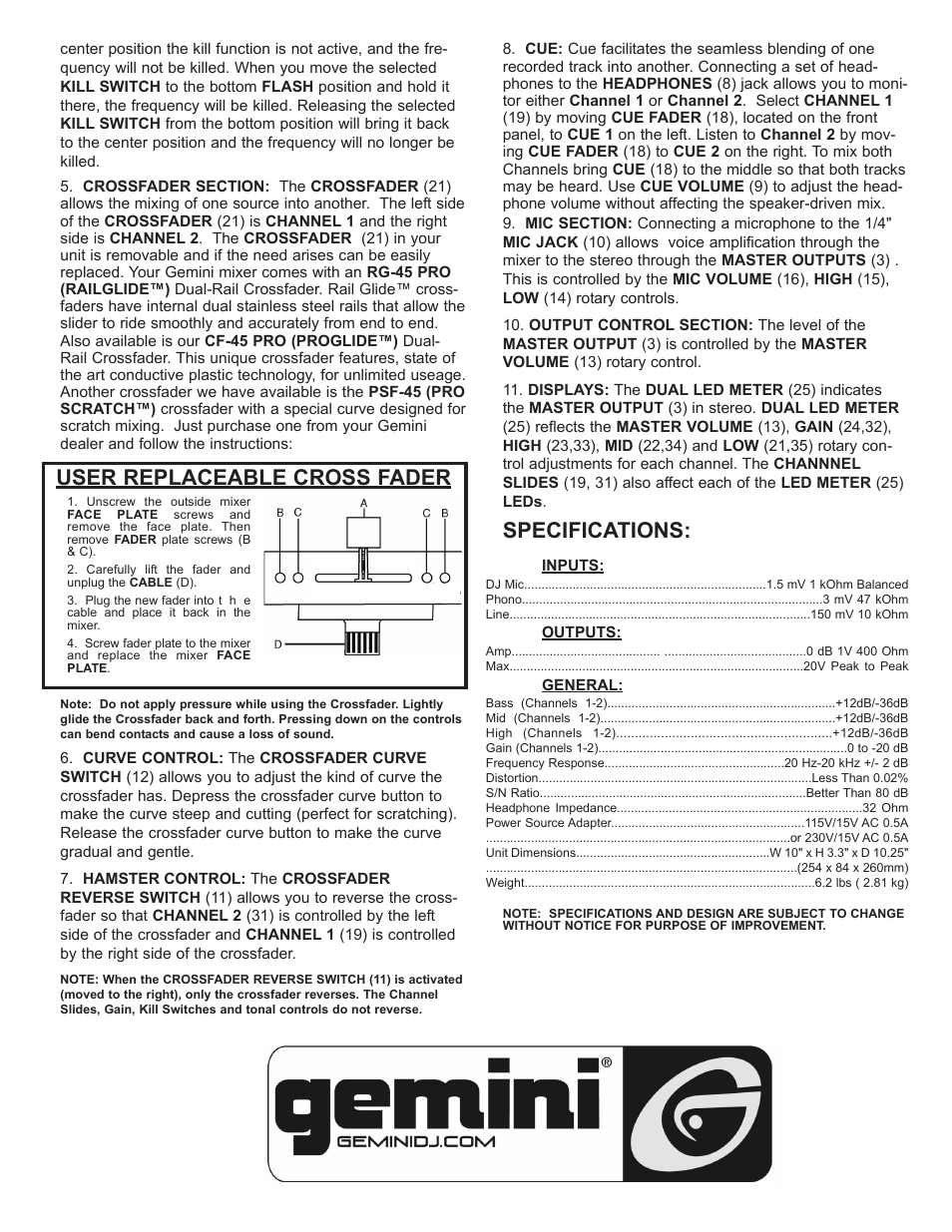 Specifications, User replaceable cross fader | Gemini IPMX User Manual | Page 5 / 12