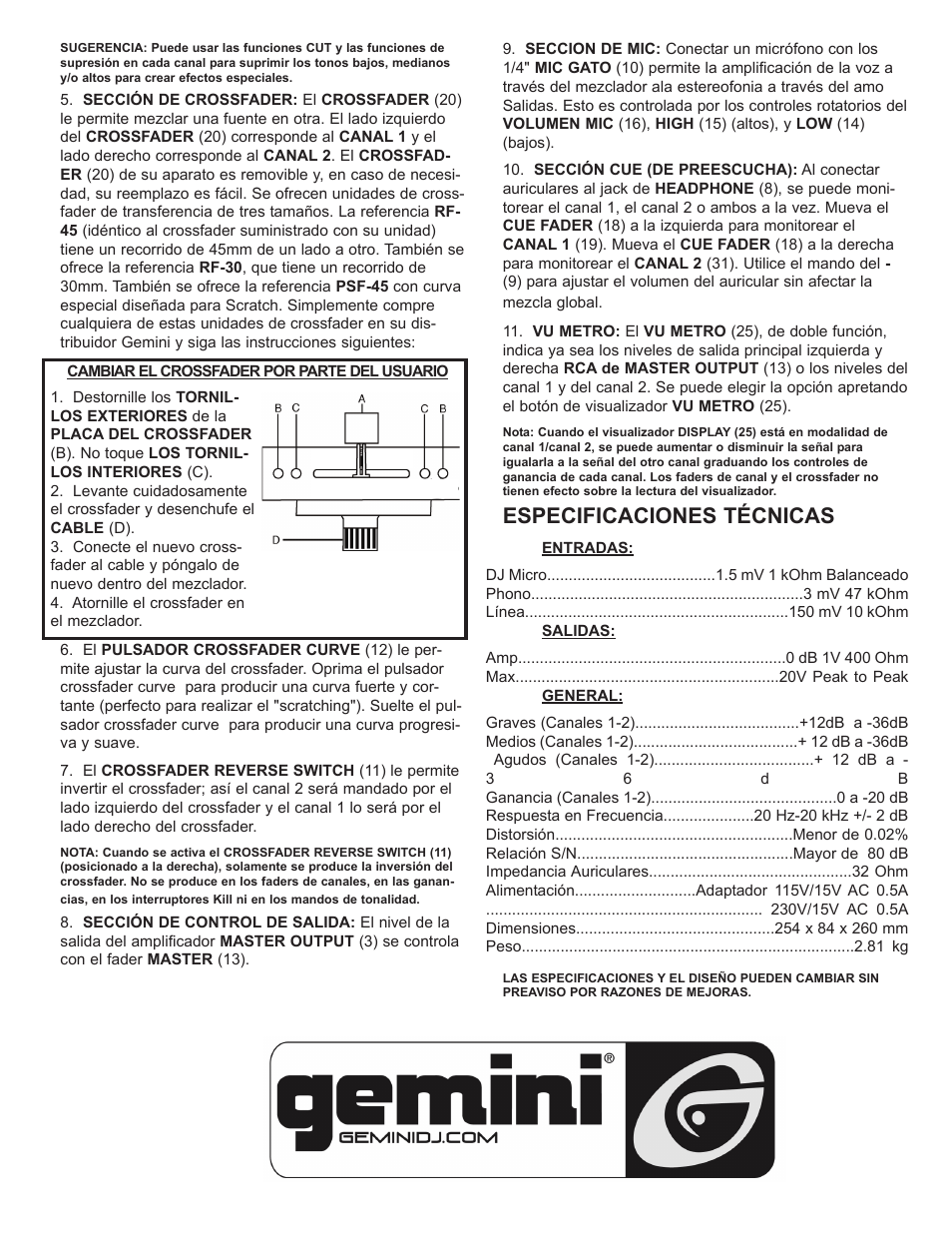 Especificaciones técnicas | Gemini IPMX User Manual | Page 9 / 12