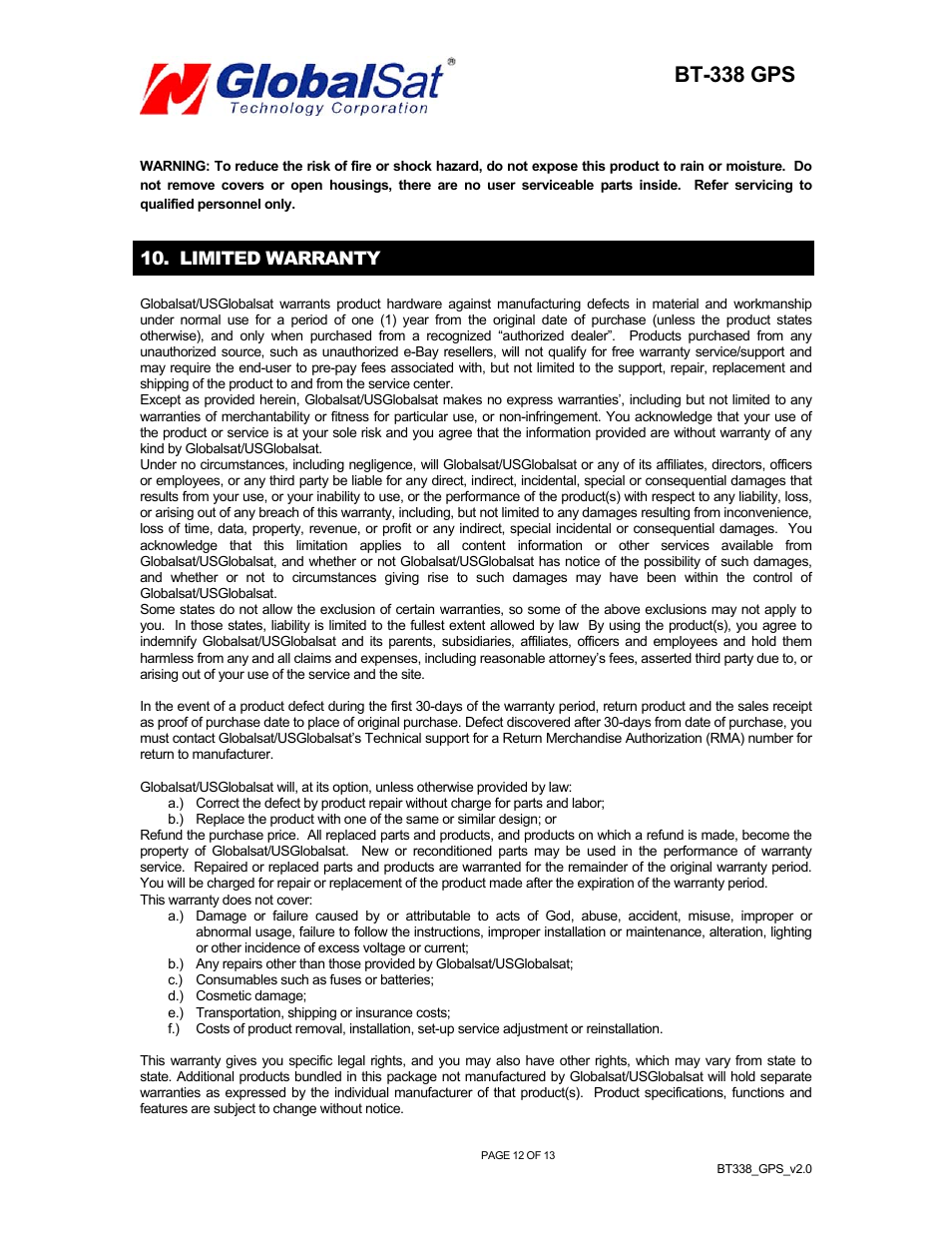Bt-338 gps, Limited warranty | Globalsat Technology BT-338 User Manual | Page 13 / 14