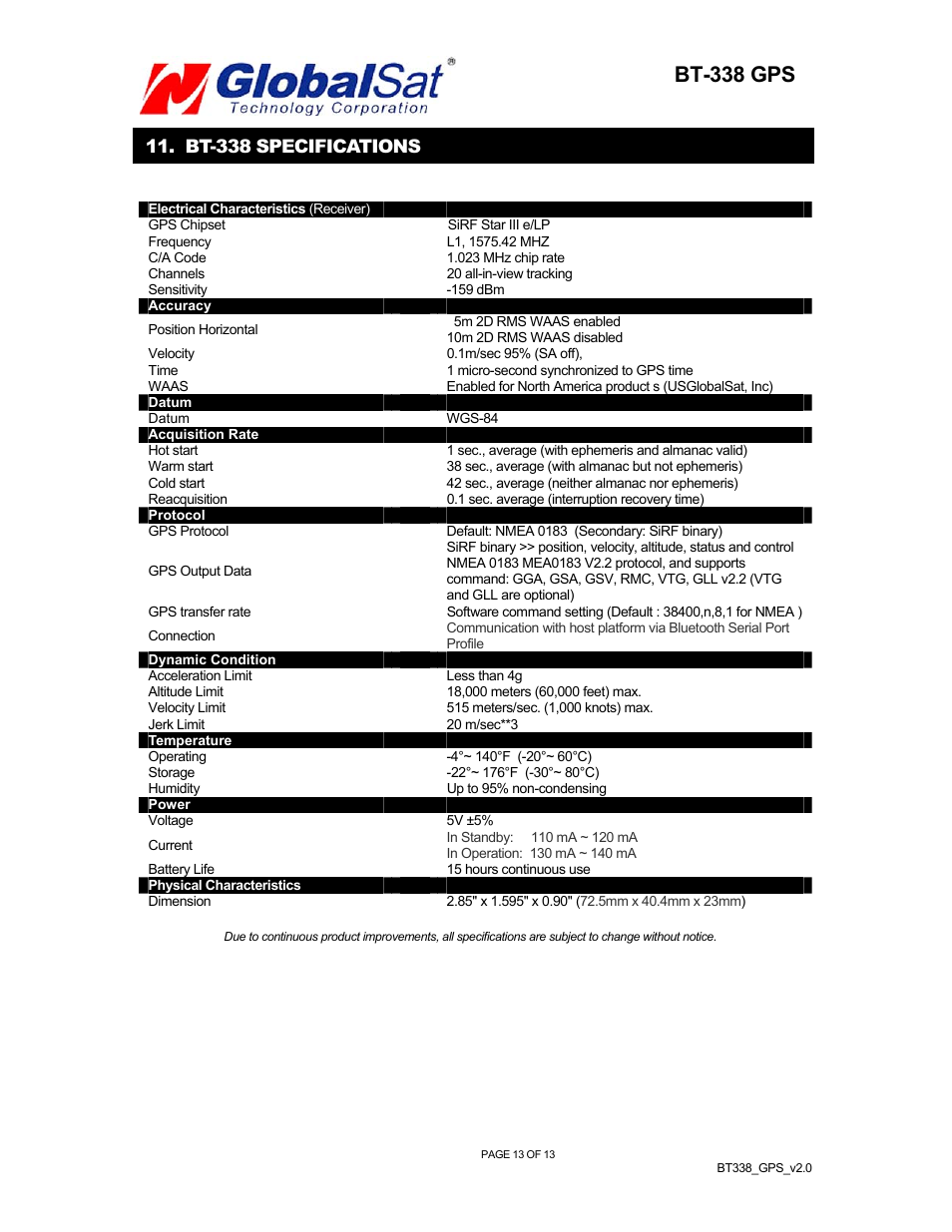 Bt-338 gps, Bt-338 specifications | Globalsat Technology BT-338 User Manual | Page 14 / 14