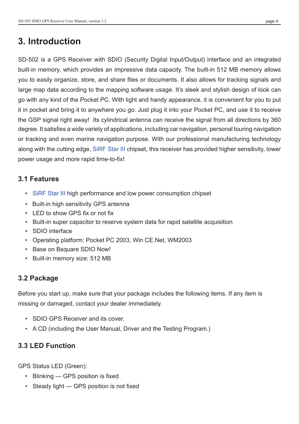 Introduction | Globalsat Technology SD-502 SDIO User Manual | Page 4 / 12