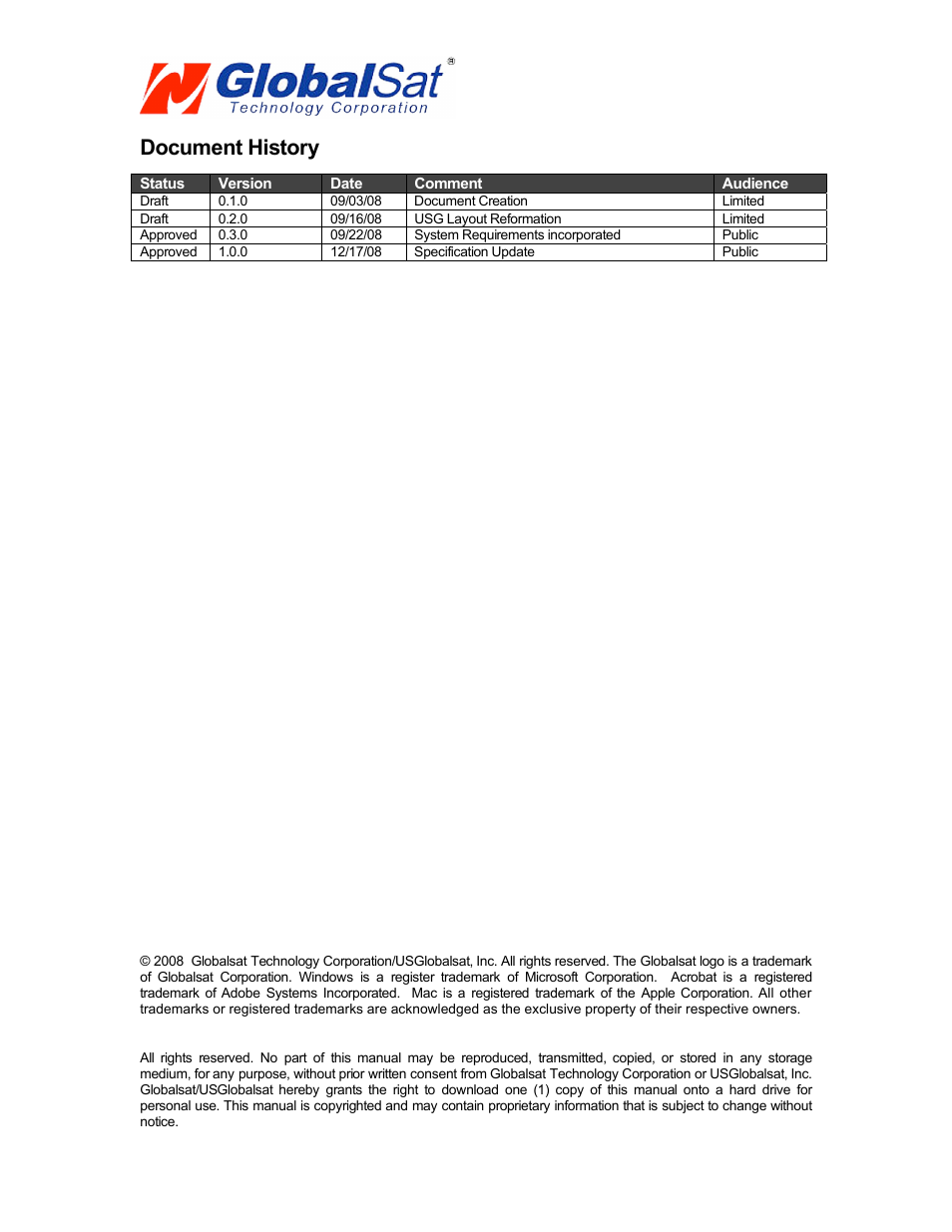 Document history | Globalsat Technology USB GPS Dongle ND-100 User Manual | Page 2 / 13