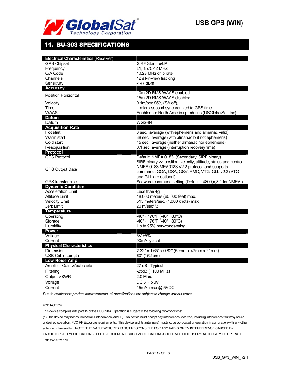 Usb gps (win), Bu-303 specifications | Globalsat Technology Globalsat BU-303 (SiRF II) User Manual | Page 13 / 14